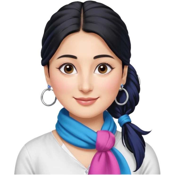 generate a pretty bratz emoji 
Make her wear a white shirt with a colorful blue-pink scarf wrapped around her neck. smiling big. Black hair tied into a side part ponytail, silver hoops and no necklace

She should look exactly  like Kareena Kapoor. kohl under eyes emoji