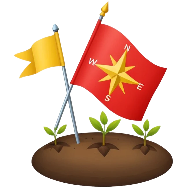 A minimal emoji of a compass pointing toward a planted flag. Flat design, confident colors, modern emoji style. Represents choosing direction and seeing it through to completion. Avoid corporate or motivational poster aesthetics. emoji