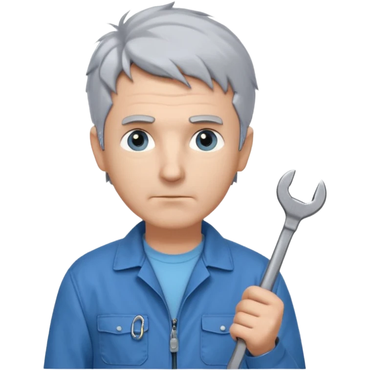 Calm and independent male technician, fair skin, short tousled grey hair, cool light-blue eyes, serious but composed expression, wearing a blue work jacket over a grey t-shirt, holding a wrench in one hand and a mechanical gear in the other, waist-up, front-facing emoji