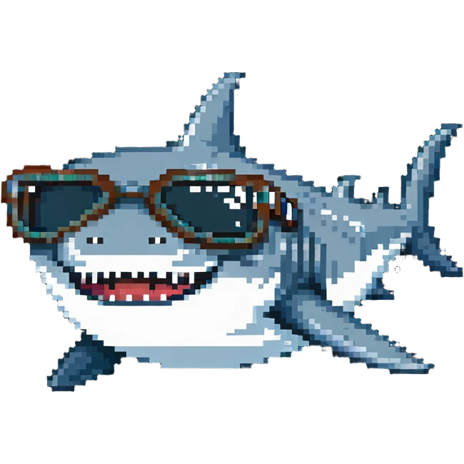 pixelated shark smiling with white teeth wearing dark sunglasses emoji