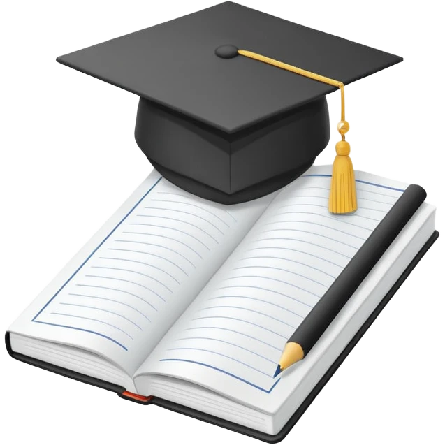 Front-facing school notebook with a small graduation cap on top, minimal line-art, clean modern style, straight angle, simple outlines, slightly 3D, no background, transparent, represents “school / sixth form / Year 13 emoji