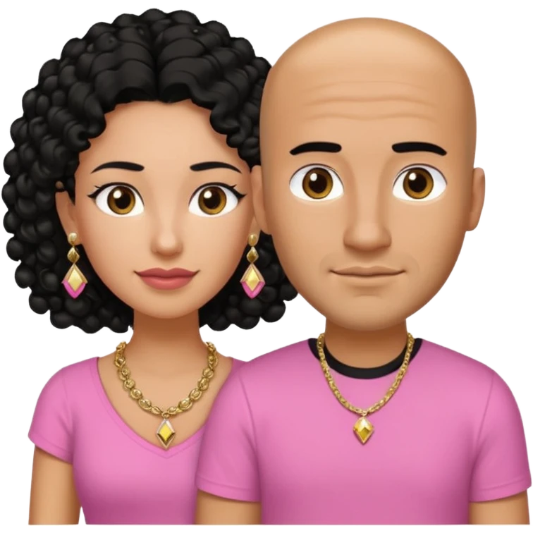 A picture if a couple. the man is a Mexican man with tanned skin, black hair, a bald hair cut, short boxed beard, and wearing a black shirt. the woman is mixed with black and white, with brown curly long hair, gold diamond earrings, a gold chain necklace and wearing a pink shirt on with big boobs emoji