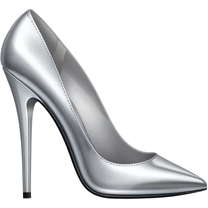 A pair of high heel shoes emoji made of polished silver chrome, elegant sharp silhouette, smooth metallic surface, glossy reflections, luxury sexy vibe, minimalistic iOS emoji style, centered, clean white background emoji