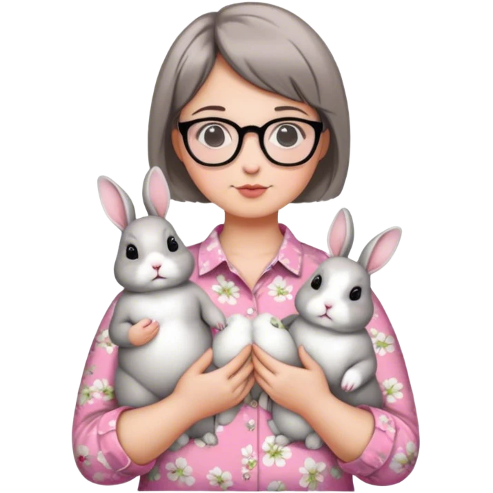 ผู้หญิงผมสั้น ตัวอวบ ใส่แว่น ใส่เสื้อดอกไม้สีชมพู อุ้มกระต่ายสีขาวเทา2 ตัว emoji