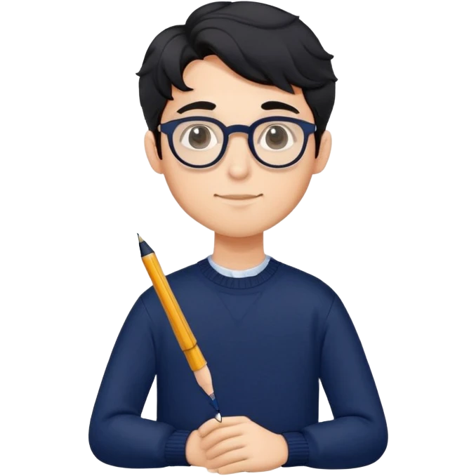 Dependable young professional man with round glasses, wavy black hair, navy blue sweater, assured posture, designer with pen emoji