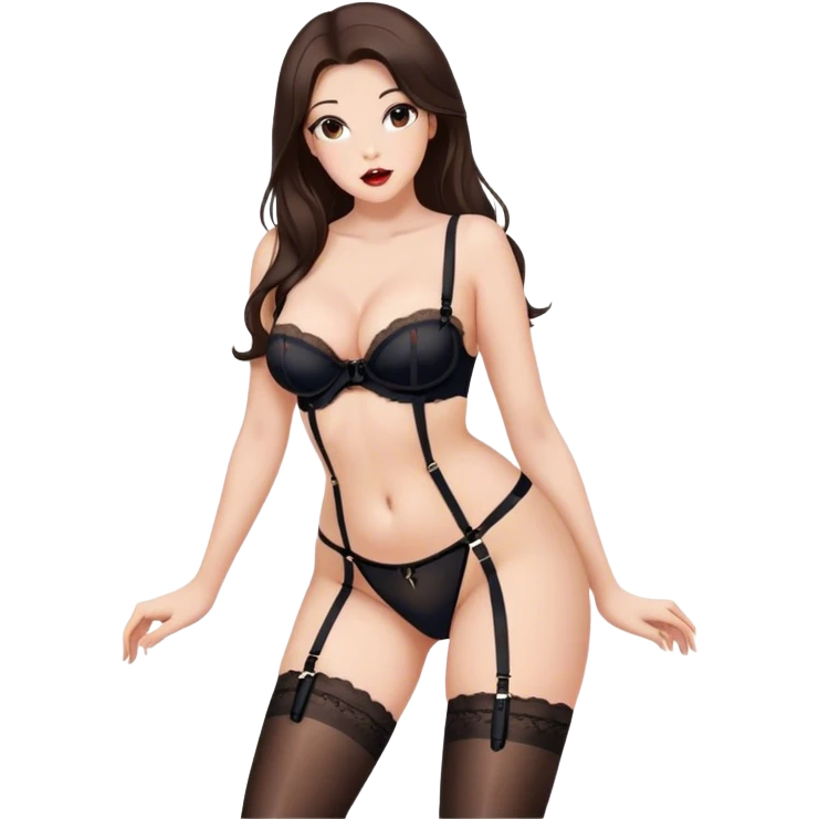 Beautiful Buxom brunette with full lips, long hair and brown eyes, intimate, black nylon stocking and garter belt pose, sfw emoji