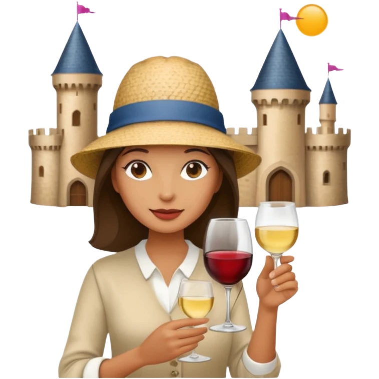 Lady on holiday in front of a castle with a glass of wind emoji