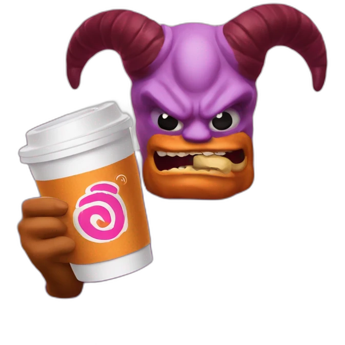 a demon holding a dunkin donuts coffee cup emoji