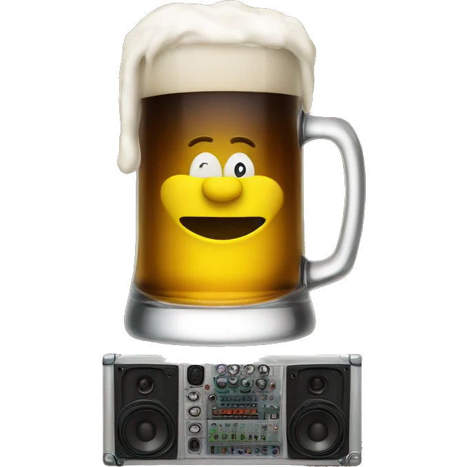 Sound system behind beer mug and stage emoji