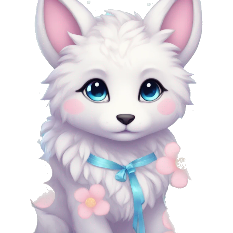 Anthro Cute Cool Blushing Pastel Innocent Shy Kawaii gorgeous sparkly ethereal fantasy anime animal creature with blue eyes furry sona with flowers and ribbons beautiful aesthetic emoji
