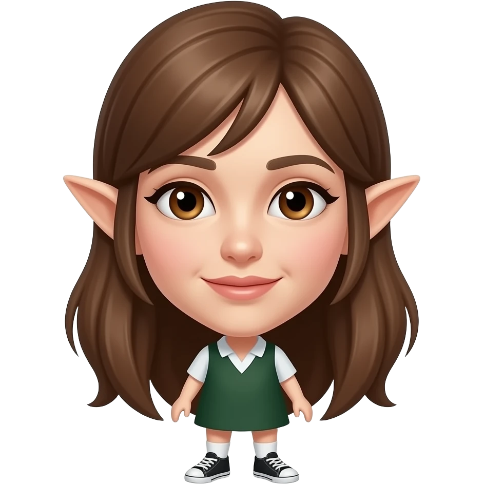 A white/fair skinned woman with brown hair, brown eyes and pointy ears, and wearing a dark green dress with white socks and black sneakers. emoji