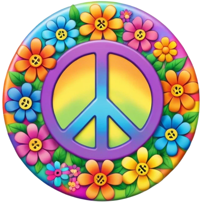 A round psychedelic colored button that says “peace” in the center with rainbow colored hippie style flowers emoji