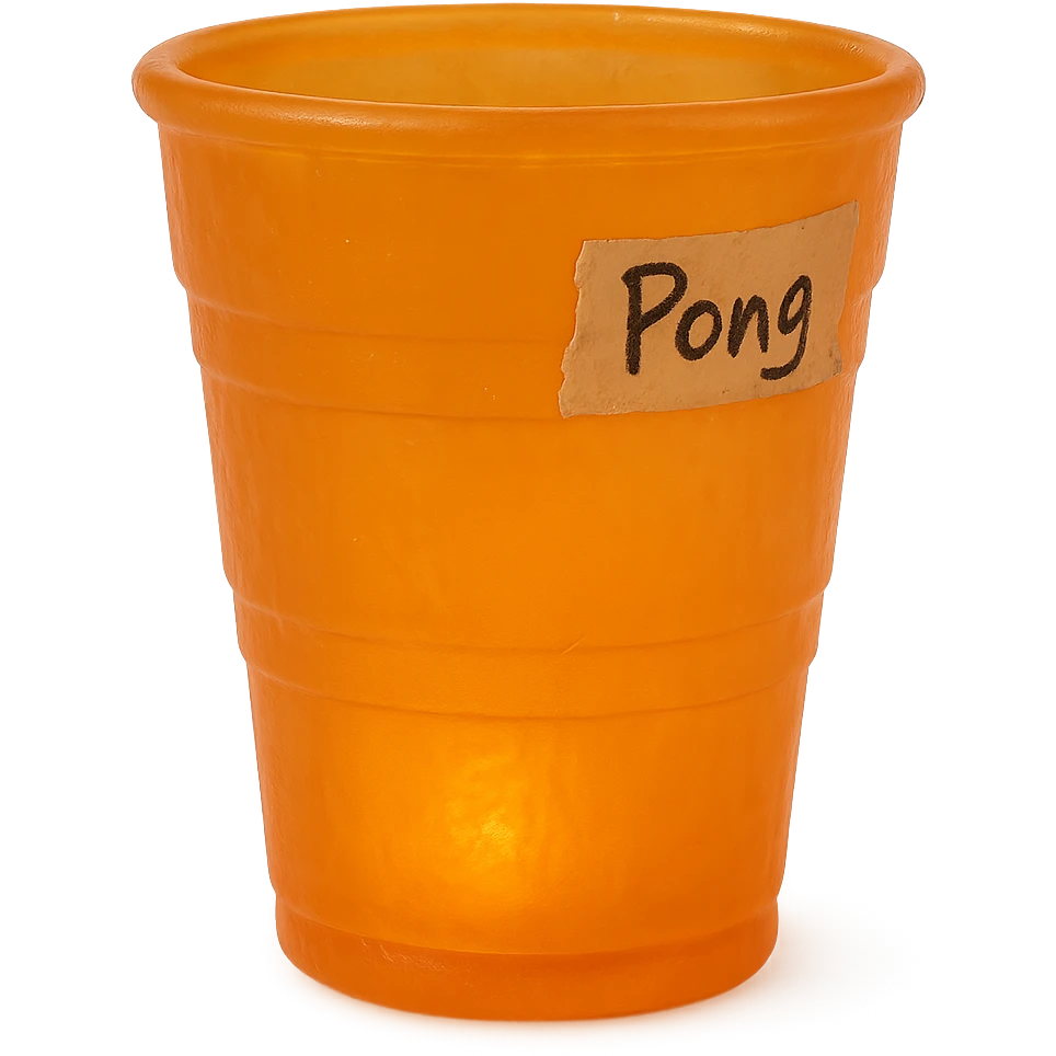 hyper-realistic, highly detailed clear-transparent orange solo plastic cup with soft, flat plastic texture reminiscent of a 90's toy, soft reflections, slightly squishy and cloudy appearance, not shiny, clear orange body glowing slightly, high-quality retro gummy look, piece of tape on the side with 'Pong' written in sharp, messy handwriting, hyper-realistic, retro, visually stunning, no background emoji