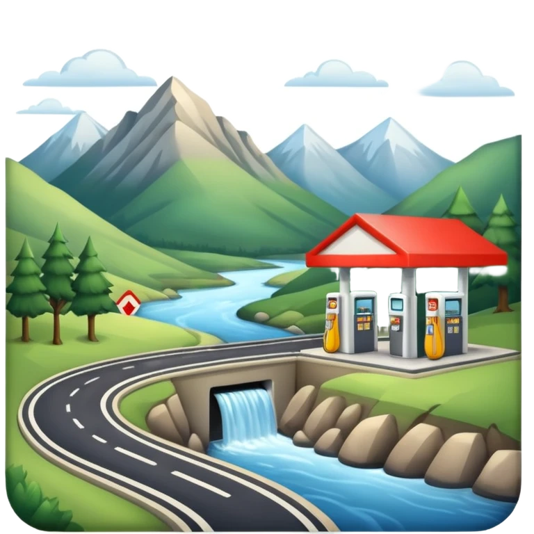 a road in a mountain with a river and a gas station emoji