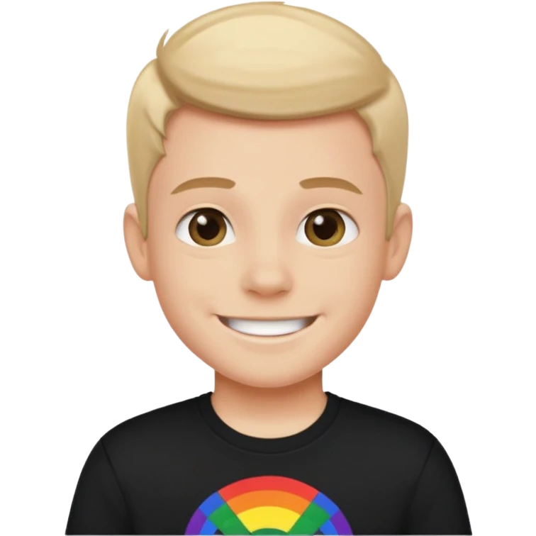 smiling boy in black shirt in a pride month shirt emoji