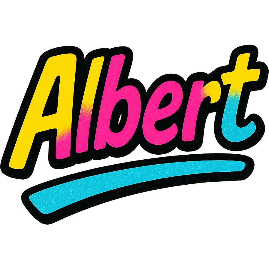Albert name in modern colorful gradient font with dark outline, dynamic style with slanted or partial underline, transparent background, in the style of sample images emoji