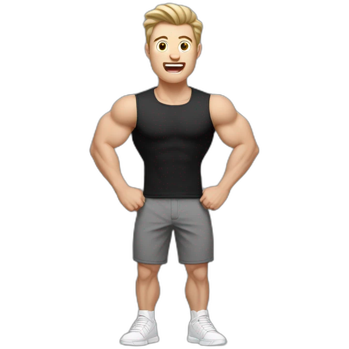 amazed Open with surprise mouth Pale skinned Fit Man With the biceps and dark brown hair in black shirt, gray sports shorts and white Sneakers emoji