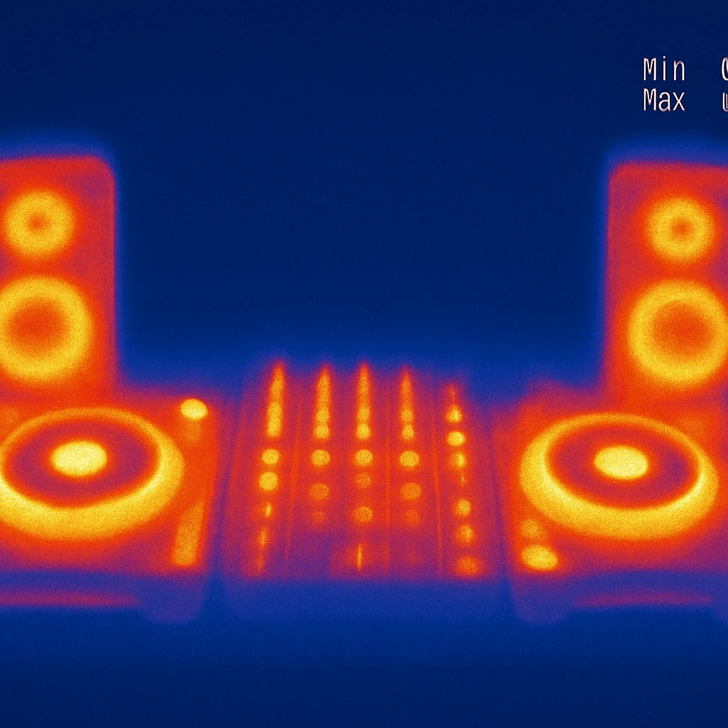 DJ setup, with background emoji