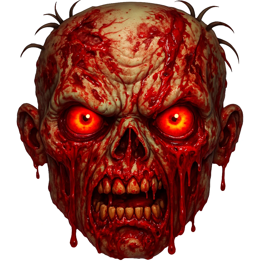 Add more gore, blood, and wounds to the angry zombie with glowing red eyes emoji style. Keep the emoji style with vivid gore, blood, and wounds details on the angry zombie with glowing red eyes. emoji