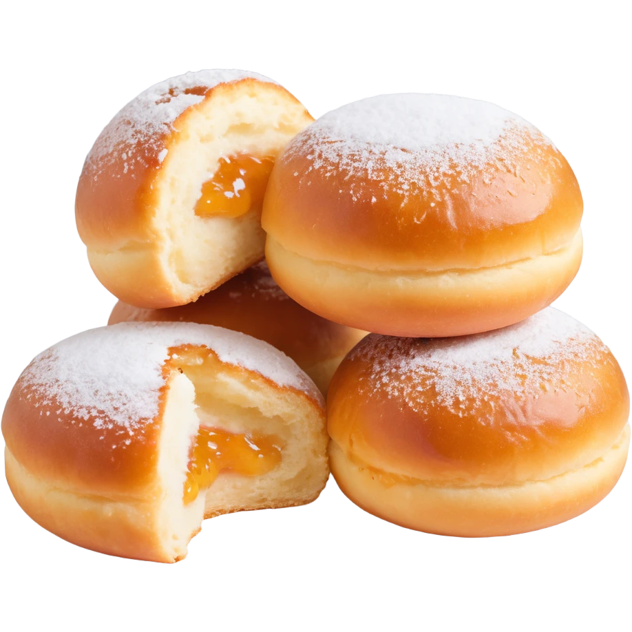 a single Berliner Krapfen, round, golden-brown, no hole, heavily covered with powdered sugar, with visible jam filling emoji