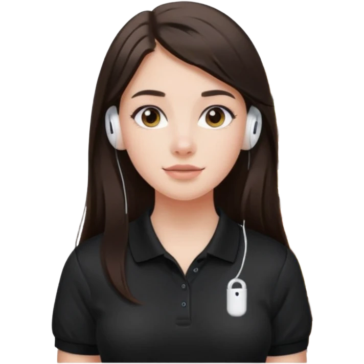 Girl with long dark brown hair with airpods wearing a black wegmans grocery store polo emoji