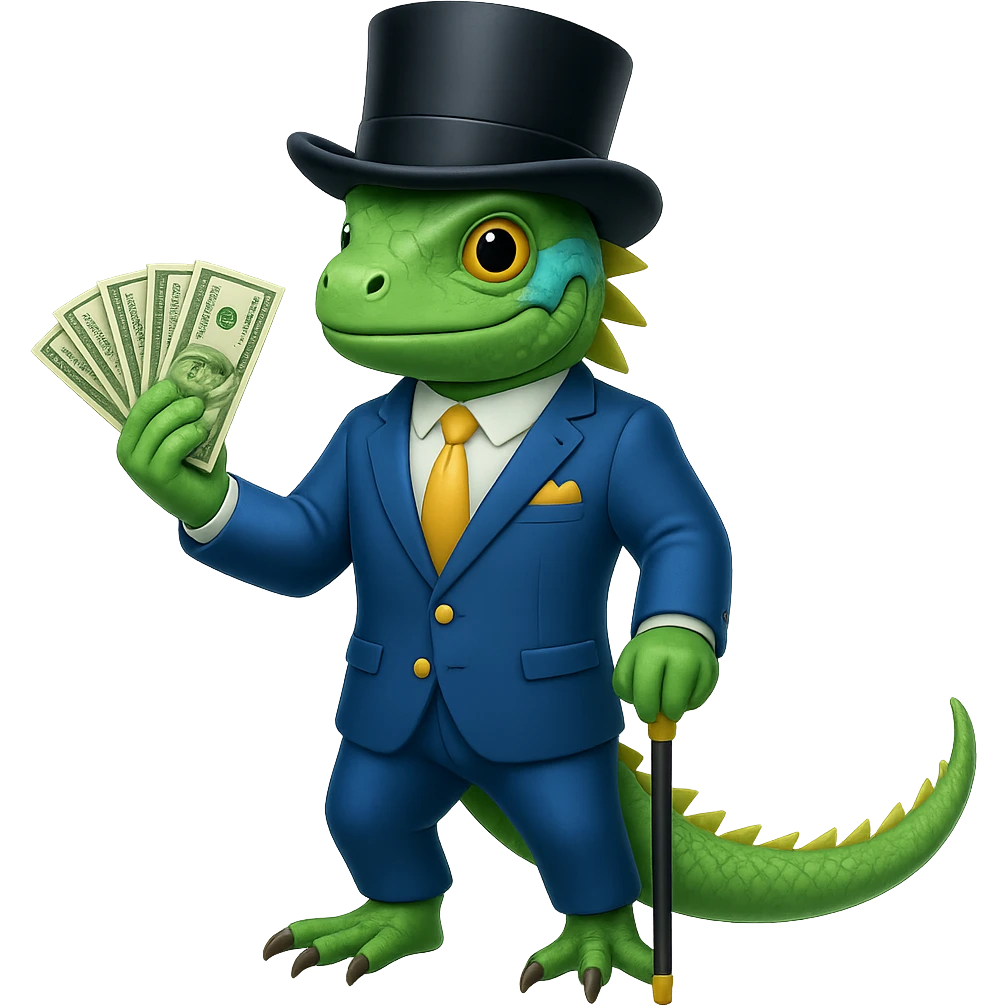 Add a top hat and cane to the iguana in a blue suit holding cash in the style of apple emojis. Keep the apple emoji style consistent with the original image. emoji