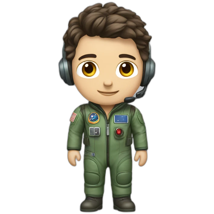 A young white male tennager with dark brown hair and brown eyes in a pilot suit and wearing a green Pilot headset emoji