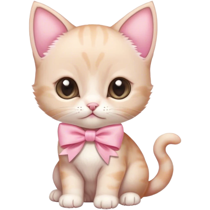 a very small beige kitten with a slightly white muzzle and a large light pink bow on the top of the head, a purebred kitten with a large head emoji