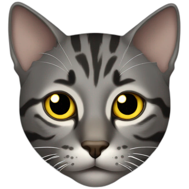 dark gray tabby cat with yellow eyes, black nose, some brown around mouth, brown around mouth, tip of left ear cut off emoji
