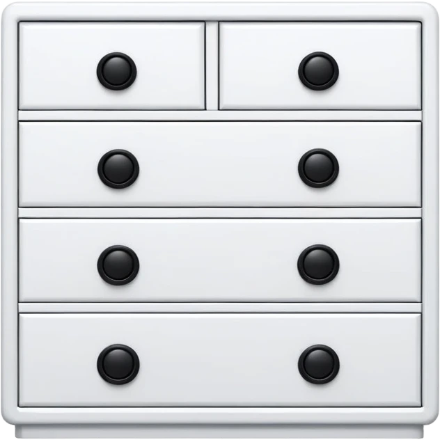 minimalist white chest with 6 drawers, each with one small black knob, stacked neatly emoji