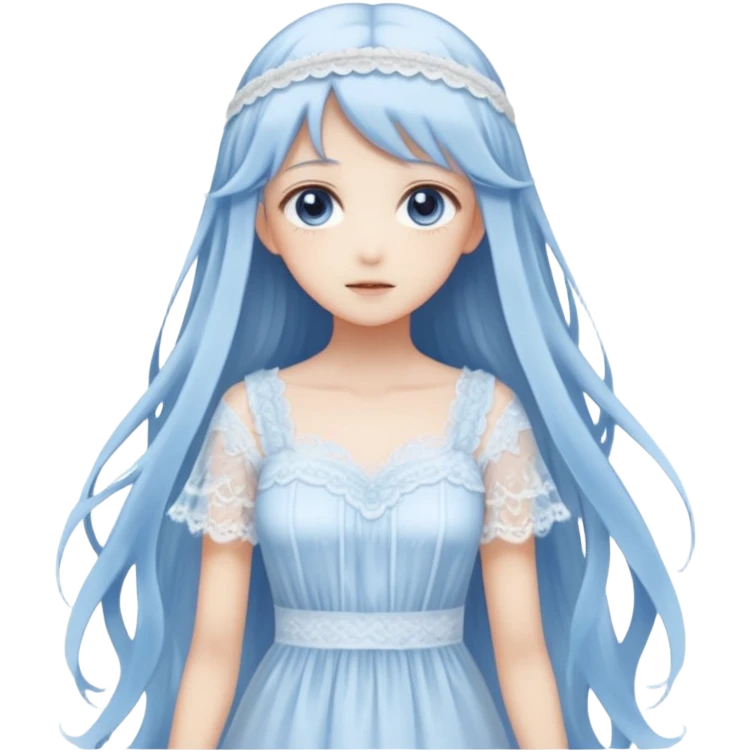Beautiful ethereal pastel transparent translucent Gorgeous spectral dark greyish-blue whitish gloomy spectral Anime Poltergeist Lady with long hair with a beautiful white silky lace dress with a silky lace head band emoji