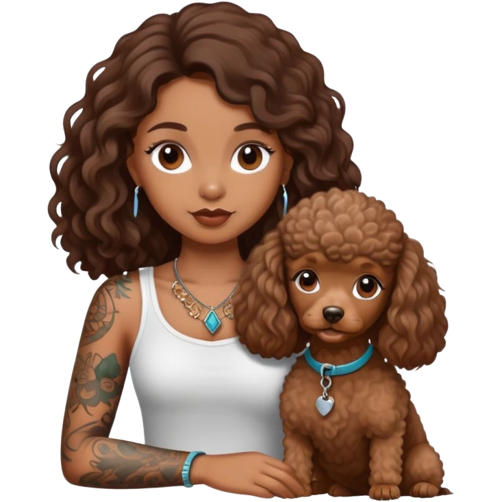 a  girl with brown  Slightly curle long hair and tattoos and a miniature poodles emoji