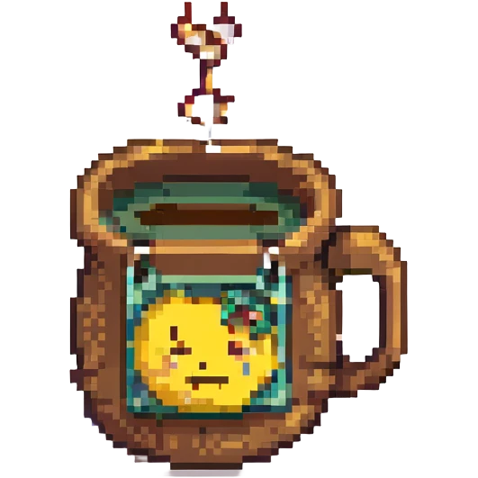 8-bit pixel art emoji, IV bag filled with brown coffee in a coffee cup connected emoji