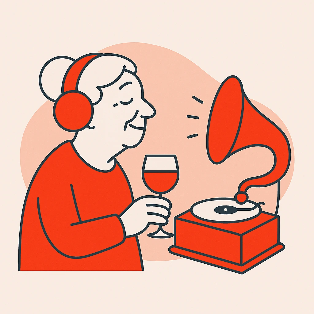 old lady with wineglass listening to gramophone emoji
