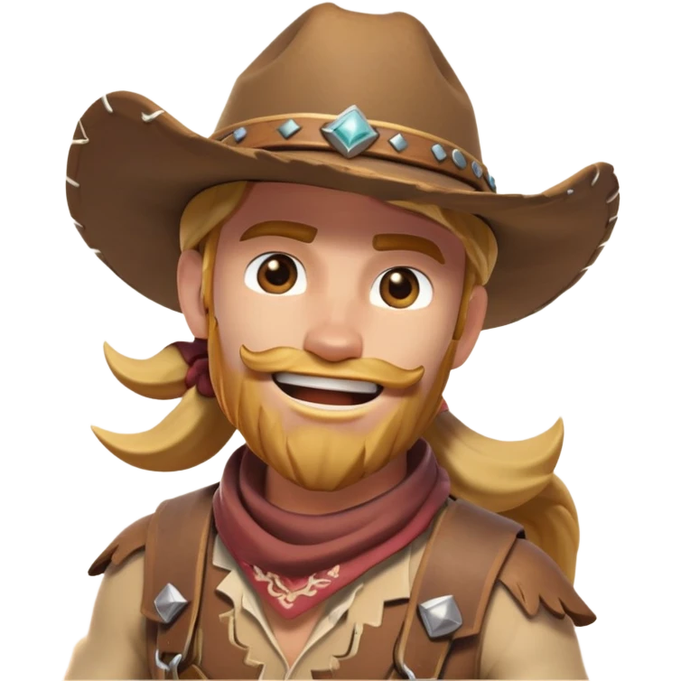 clash-of-clans-aesthetic_-cinematic-playful-cowboy-portrait-emoji, head-tilted with a roguish, cheeky grin and twinkling eyes, featuring a rugged, spirited build with a wide-brimmed cowboy hat and a weathered bandana on tan skin, riding a powerful galloping horse with dynamic flowing mane, reins gripped firmly in one hand and a lasso in the other, as dust swirls behind them in a vast desert landscape. emoji