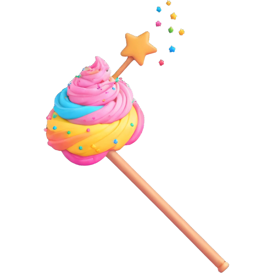 magic wand with pink frosting swirl and rainbow sprinkles, sparkles emoji
