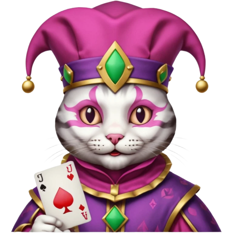 court jester cat medieval, single poker card joker clearly visible, pink, face only, round badge,  court jester cap emoji