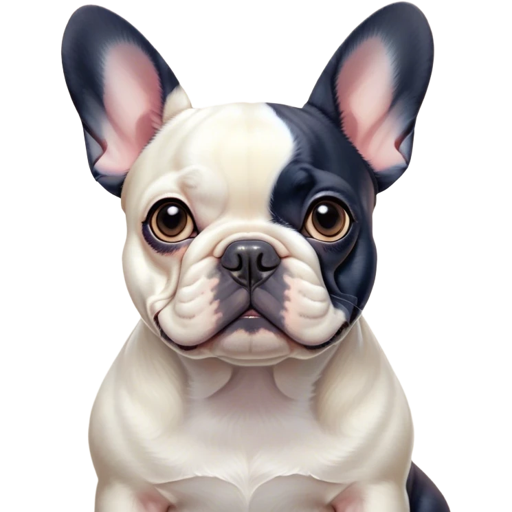Cinematic Noble Pied French Bulldog Portrait Emoji, Radiating regal yet playful charm, with a distinctive pied fur of contrasting hues and a sculpted, expressive face featuring gentle, wise eyes and a confident stance, simplified yet artistically detailed, glowing with a soft, sophisticated radiance, high shine, exuding intelligent nobility and refined flair, soft glowing outline, capturing the essence of a noble Pied French Bulldog that embodies both strength and grace! emoji