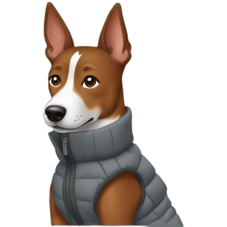 Medium-dark brown colored Basenji wearing a grey puffer jacket emoji