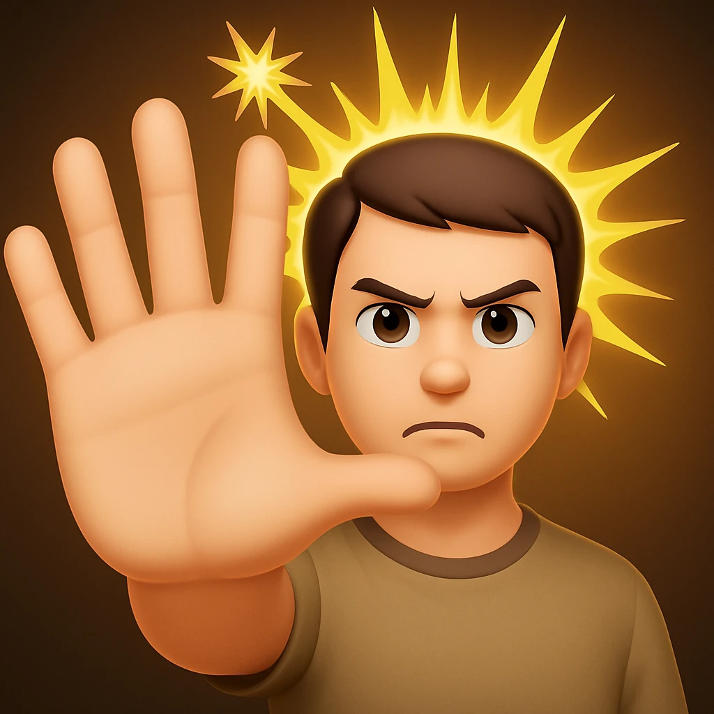 Make the arm fully outstretched toward the viewer so it is not visible behind the hand. The open palm hand should take up even more space, dominating the image. Keep the wrathful, destructive facial expression and lightning blasts in the background in the style of apple style emojis. emoji