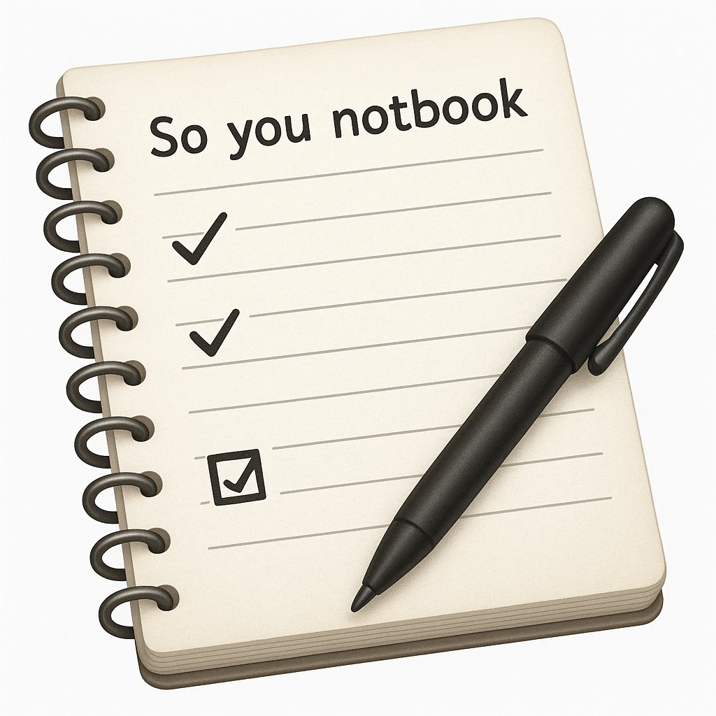 emoji of white vintage notebook with some list on it and a black pen nearby emoji