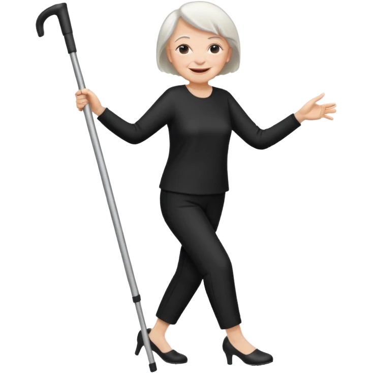 old woman with cutted hair, dressed with pants,  dancing with crutches emoji