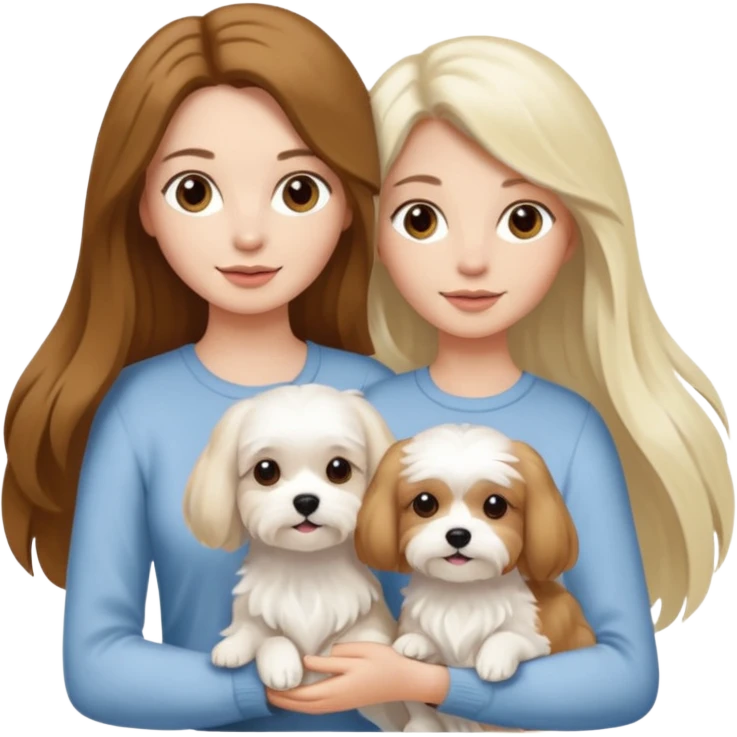 two women are holding one Maltese dog. one woman is brunette the other woman is blonde long haired  emoji