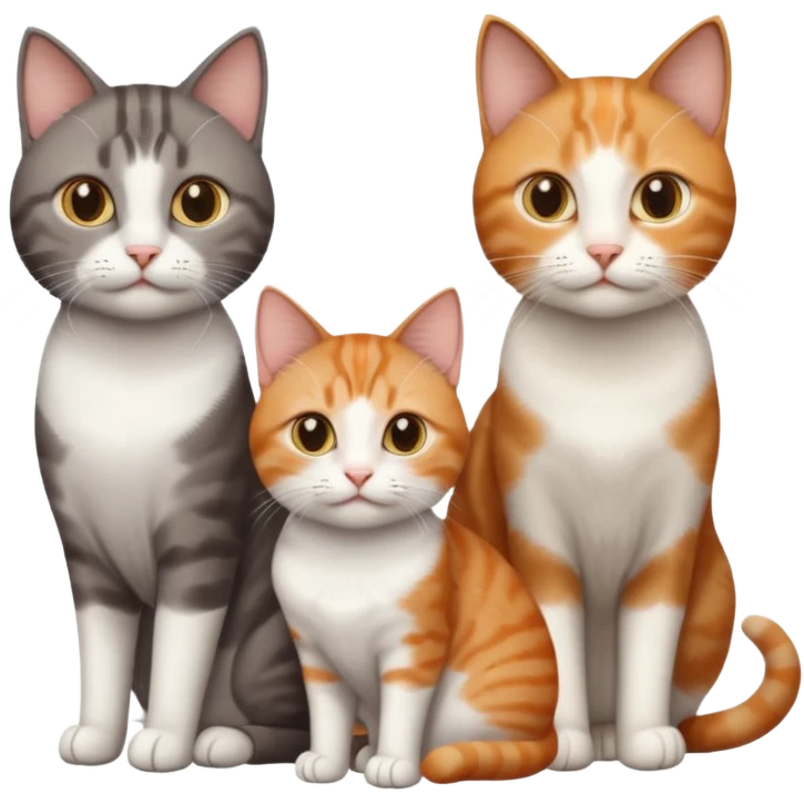3 different coloured short haired cats including; a dark brown tabby and white cat, and a dark grey and white and a ginger and white emoji