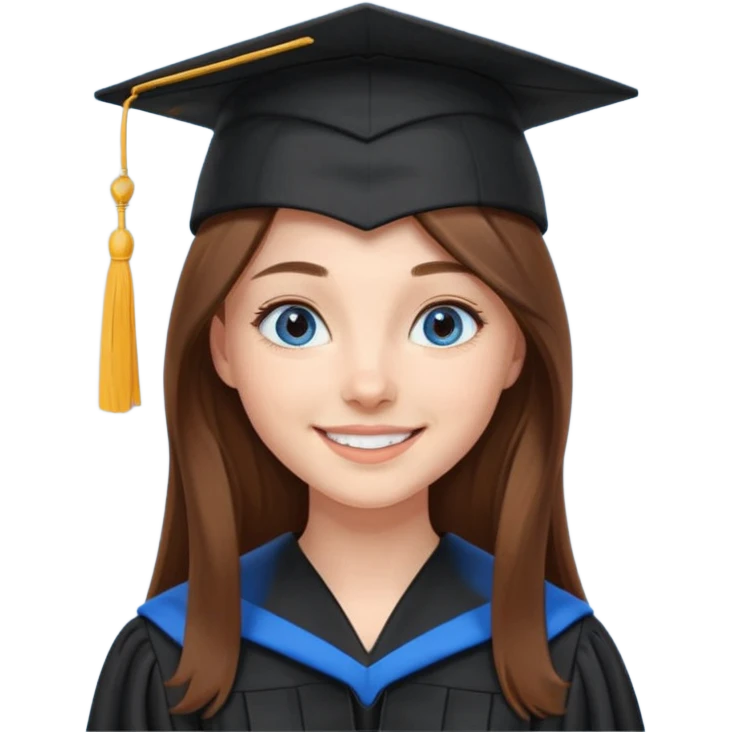 school graduation with a pretty female graduating student with long brown hair, blue eyes emoji