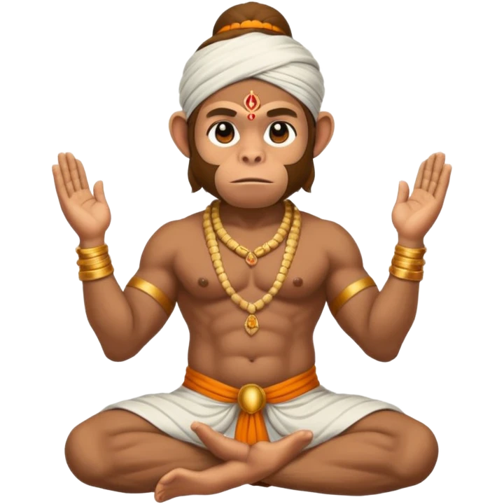 Hanuman ji monkey face hunk build body having mukut and dhoti and should be seated in pease to pray Ramji emoji