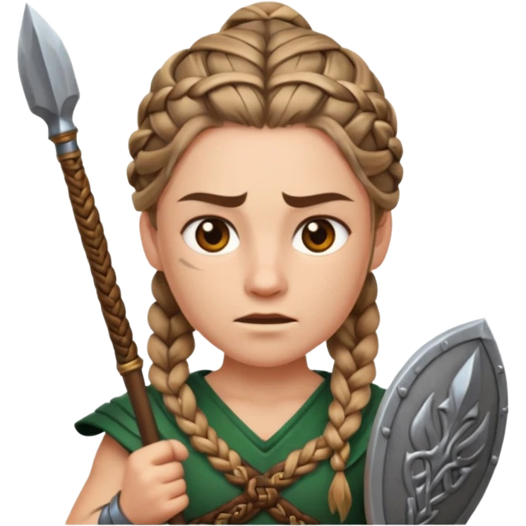 Emoji portrait of a Celtic warrior. Braided hair, fierce expression, holding a spear. emoji