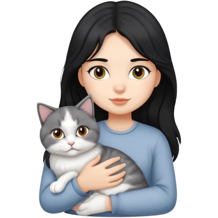 black hair girl with British Longhair white grey cat emoji