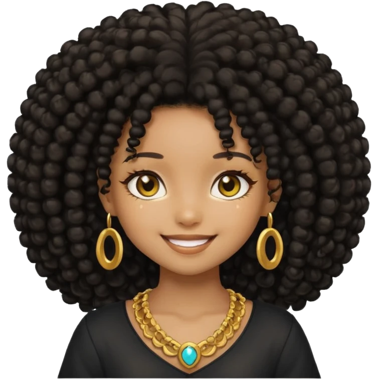 Create a black chibi girl with long afro hair and beautiful gold eyes with a smile emoji