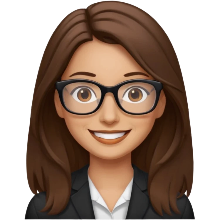 Woman 40, brown long hair, brown eyes, rectangle black glasses emoji